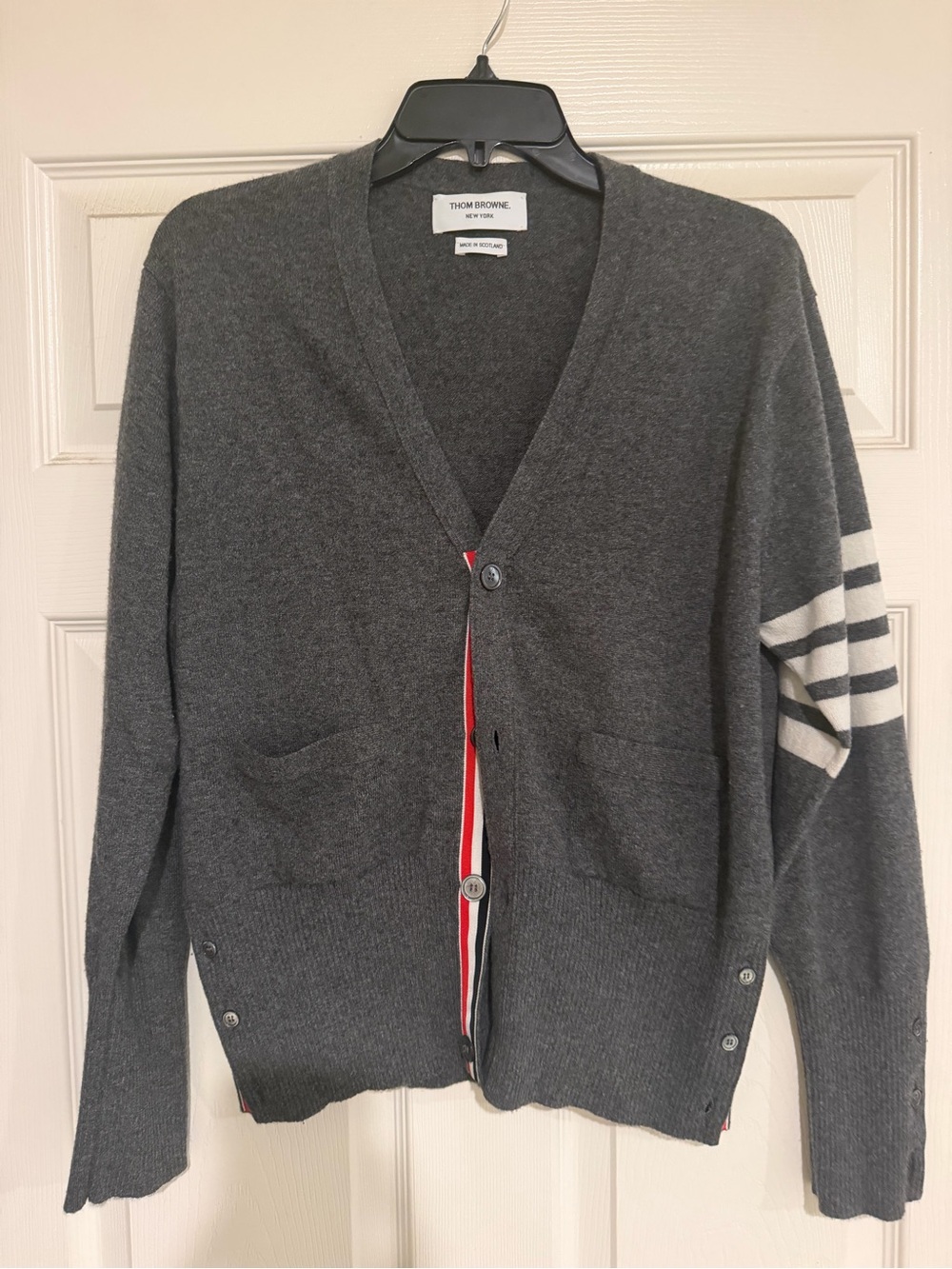 Thom Browne Grey V-Neck Button Cardigan with White Arm Stripes